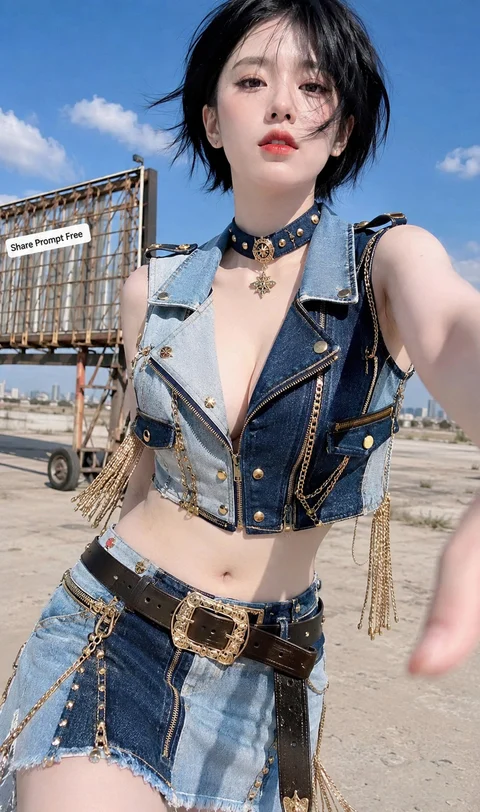 A short-haired woman in a cropped denim vest, denim skirt and black choker stands beneath a bright blue sky.
