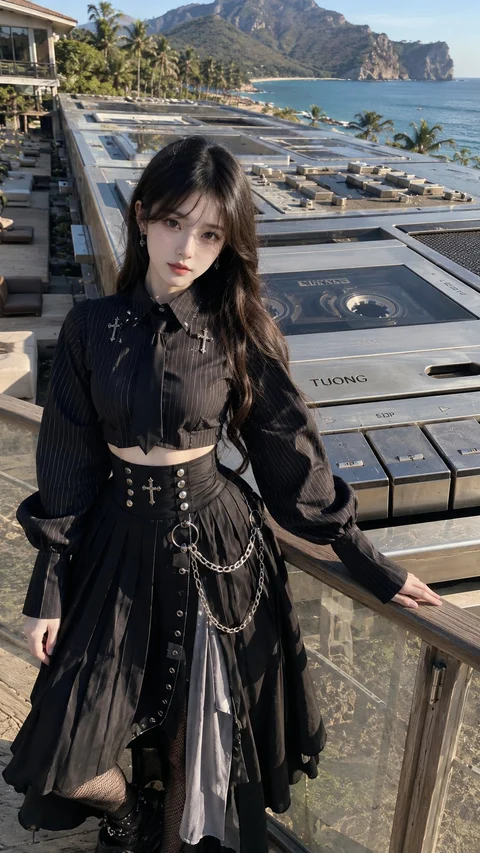 A woman poses beside a railing overlooking the coast, wearing layered black clothing with metallic chains.