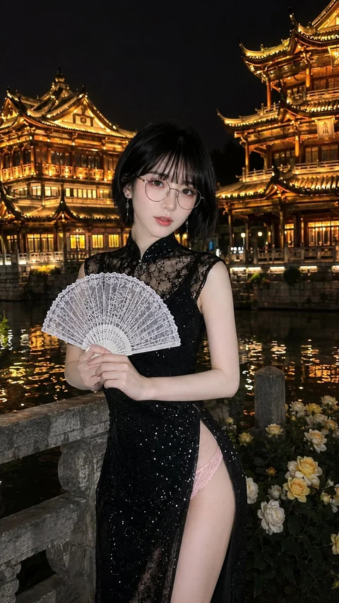 A woman in a black dress holds an open white fan before illuminated traditional buildings at night.