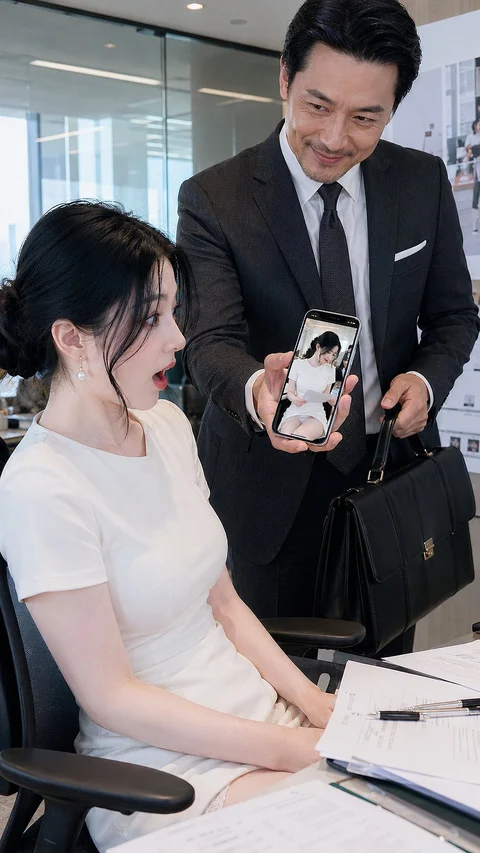 A man in a suit extends a phone toward a seated woman at a desk inside a bright office.