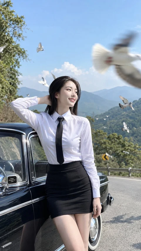 A woman in a white shirt, black tie and dark skirt stands beside a black car as white birds fly past a mountain landscape.