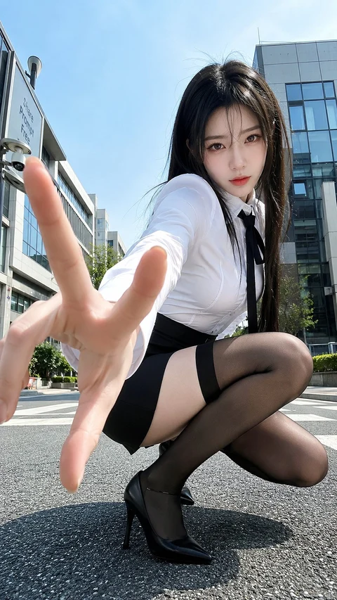 A person in a white shirt, black tie and dark shorts crouches outdoors while reaching toward the camera.