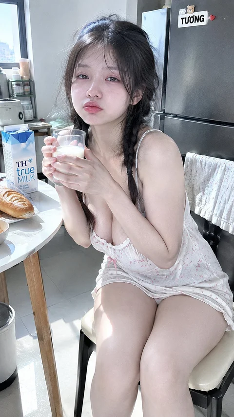 A woman in pale lounge clothing sits at a bright table holding a small drink.
