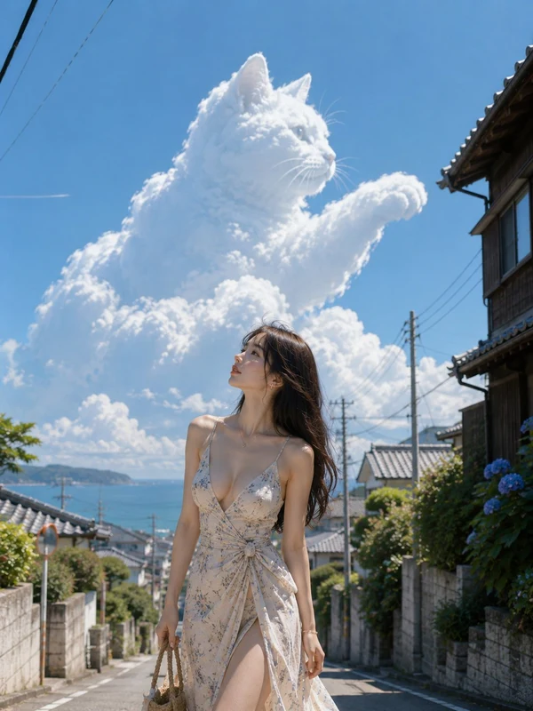Adult woman in a floral dress watching a cat-shaped cloud by the sea