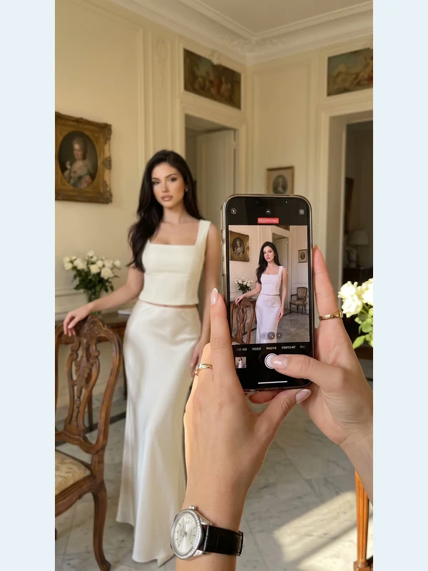 Adult portrait being filmed on a phone in a bright apartment