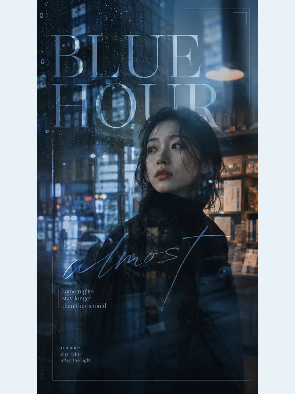 Adult turtleneck portrait behind blue rainy glass
