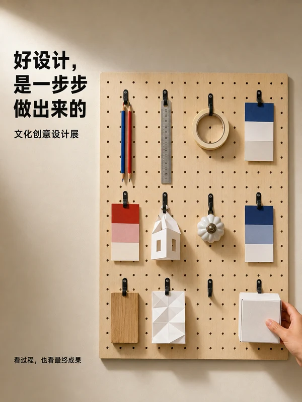 Design studio pegboard and pencil exhibition poster