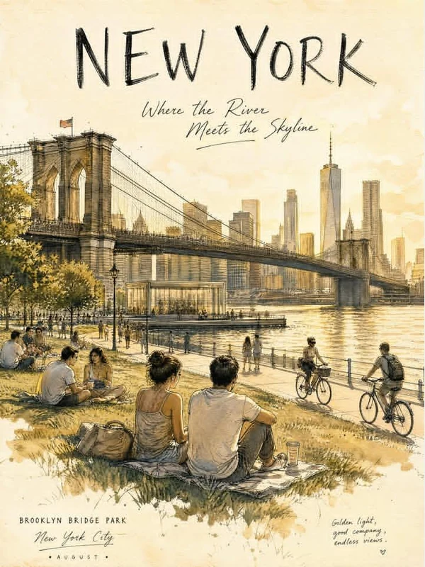 Brooklyn Bridge Park sketch with adult picnic scene
