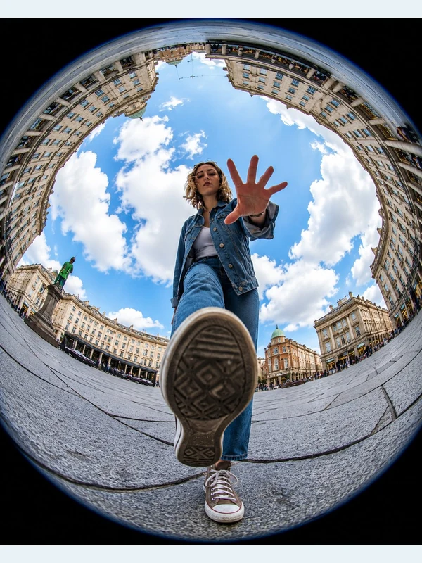 Adult denim-clad woman in a dynamic fisheye city photograph