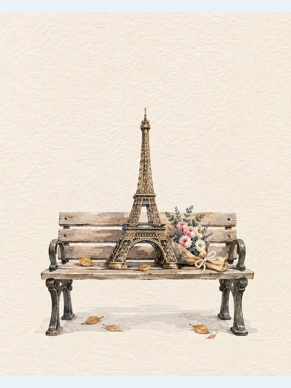 Watercolor miniature Eiffel sculpture with flowers