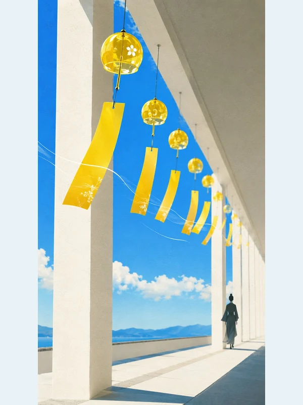 Yellow wind chimes beneath a white colonnade