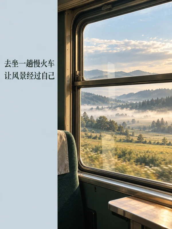 Morning train window landscape with misty hills